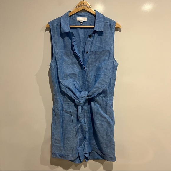 REISS Linen Ema Tie Front Sleeveless Romper - Picture 4 of 11